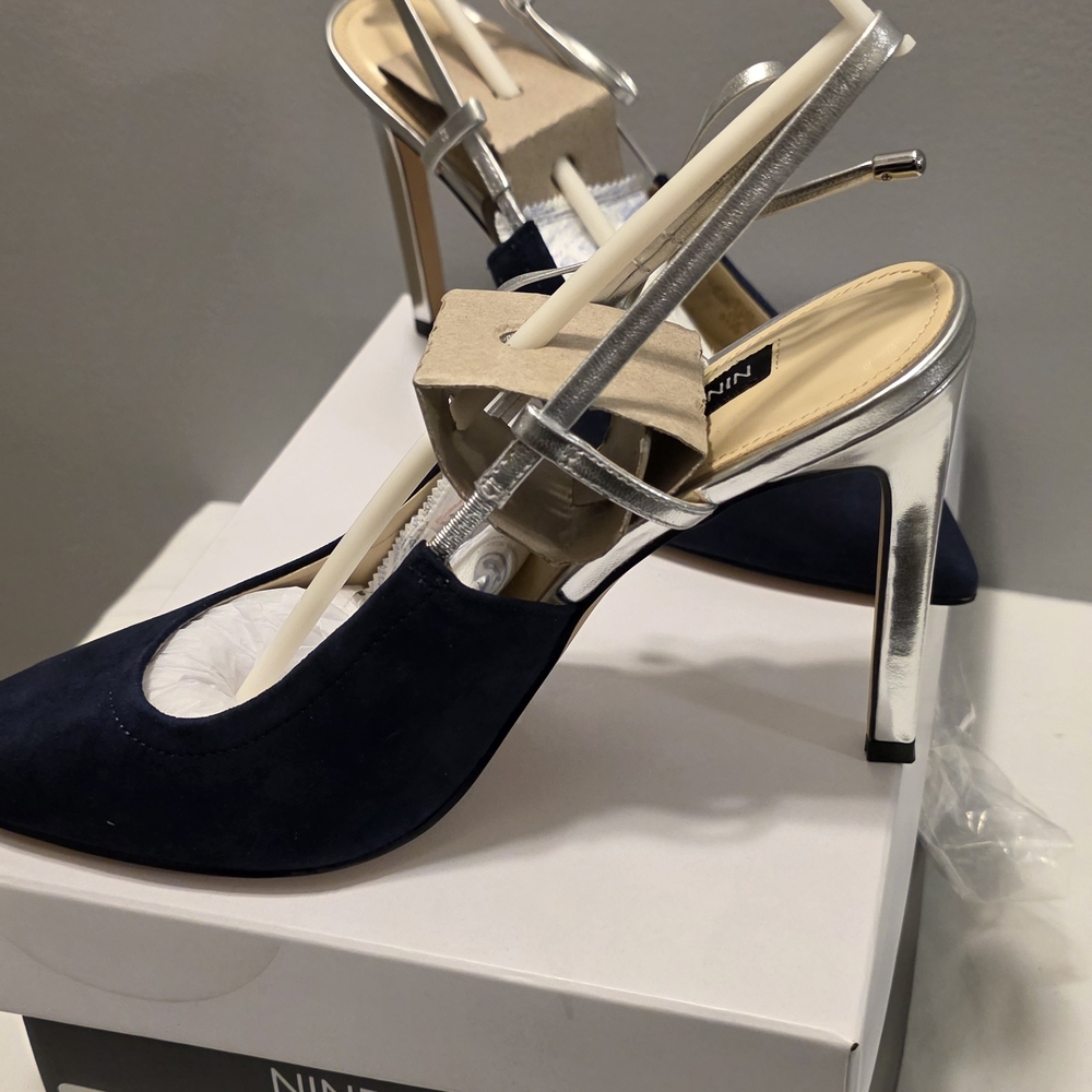 BRAND NEW Nine West Elegant Blue & Silver Suede Tibby Heels